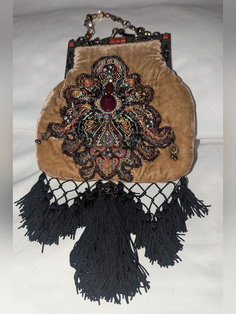 Vintage Mary Frances Embellished Velvet Evening Bag in Camel with Black Tassels